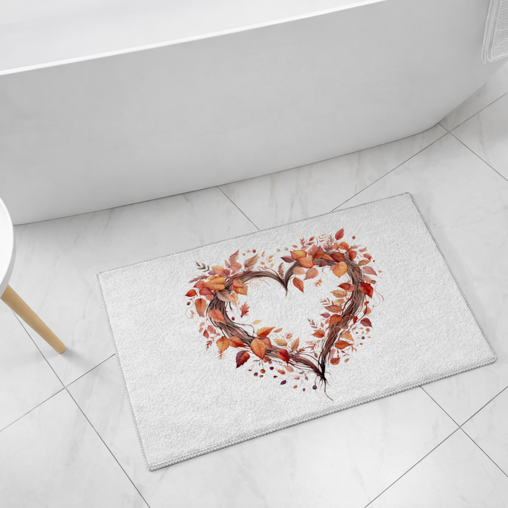 Sonbahar Yapraklarından Kalp Çelenk Banyo Halısı