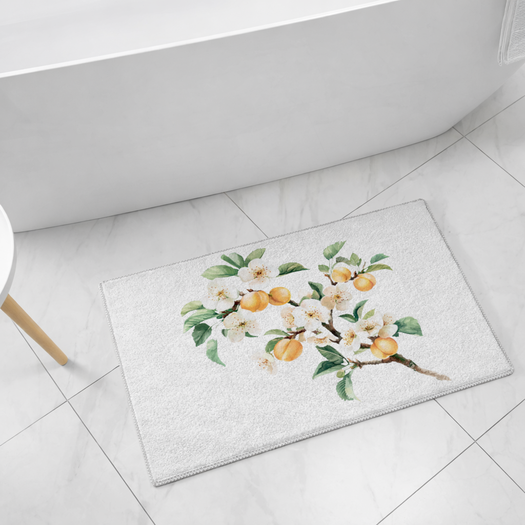 Watercolor Apricot Blossom Branch Bath Mat