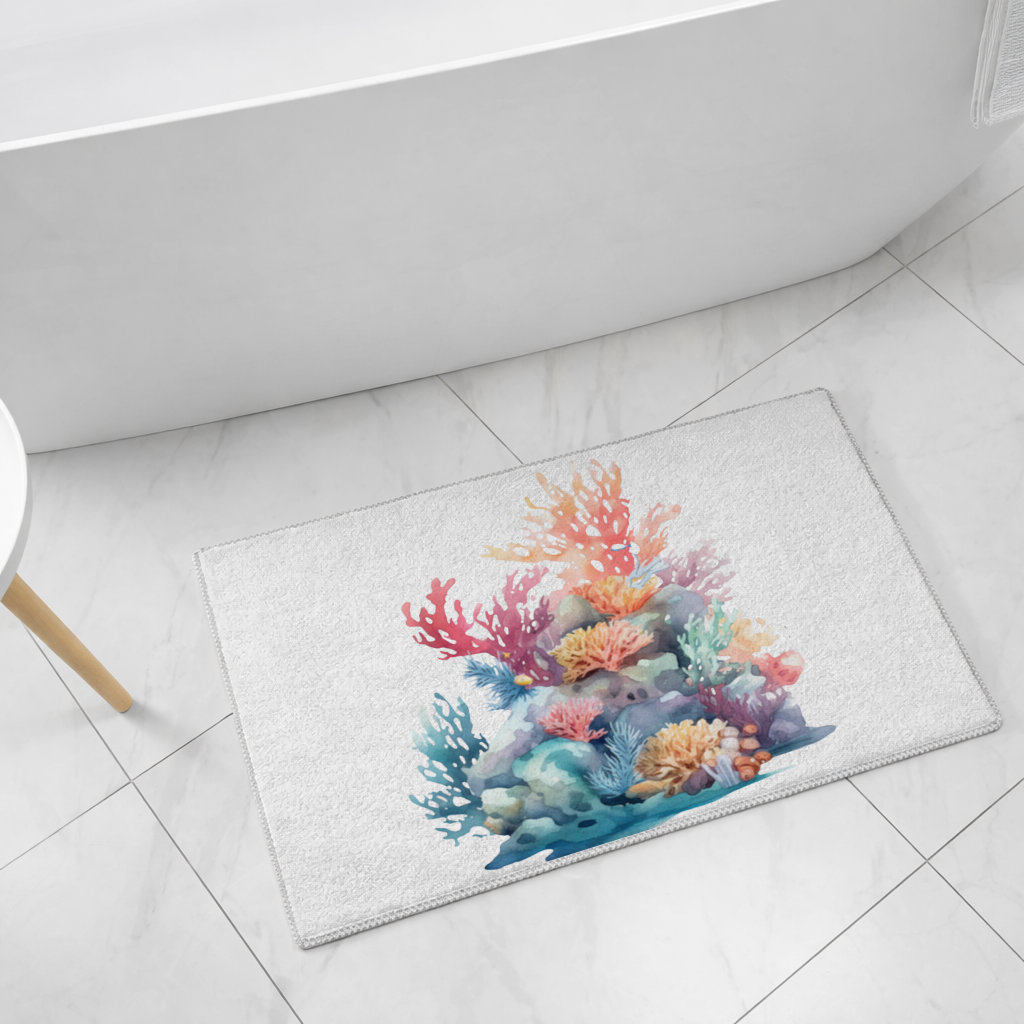 Vibrant Watercolor Coral Reef Scene Bath Mat