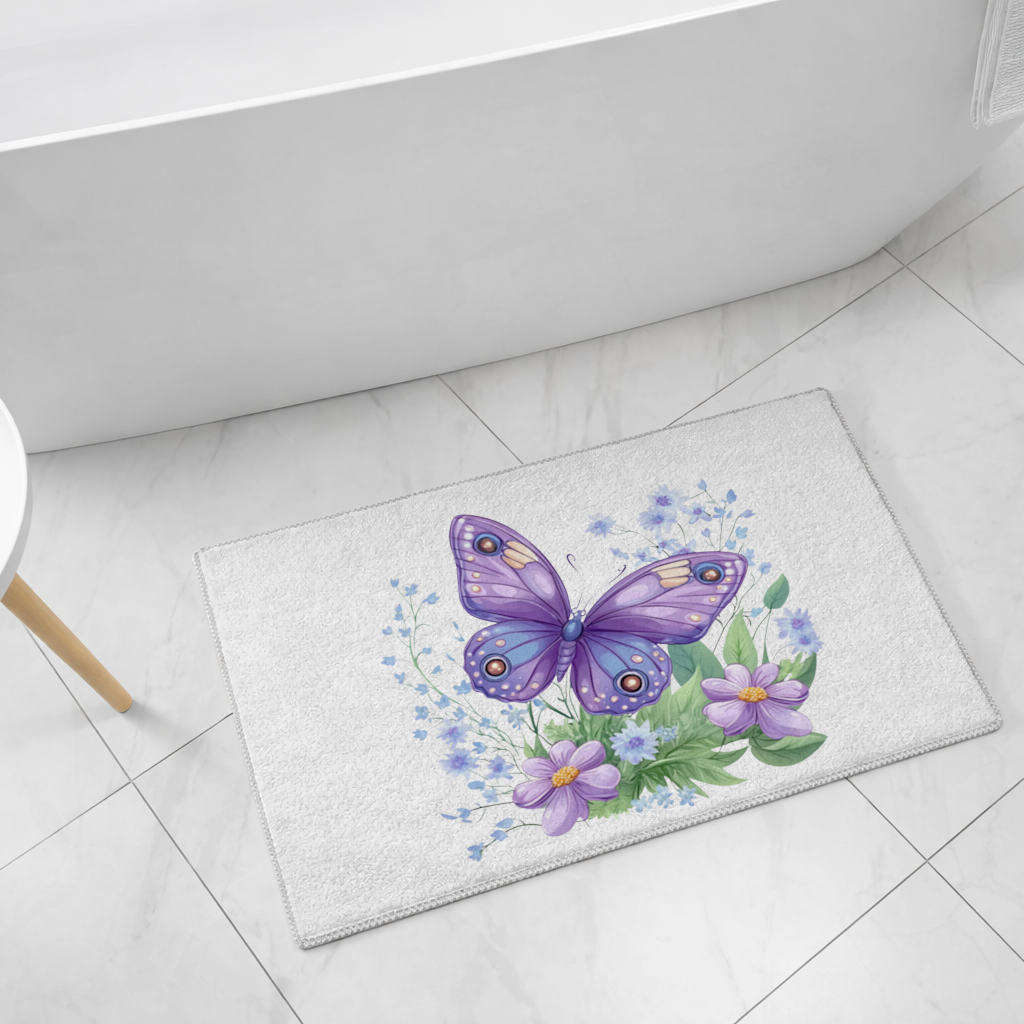 Cottagecore Purple Butterfly Floral Bath Mat
