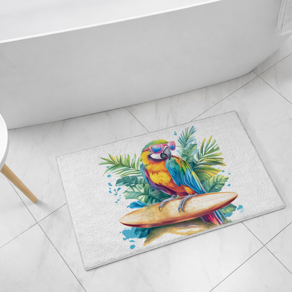 Surfing Parrot with Pink Sunglasses Bath Mat
