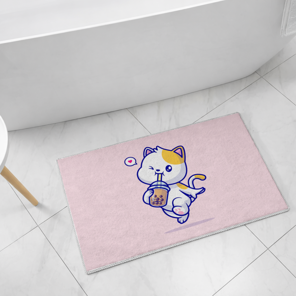 Kawaii Cat Drinking Boba Tea Bath Mat
