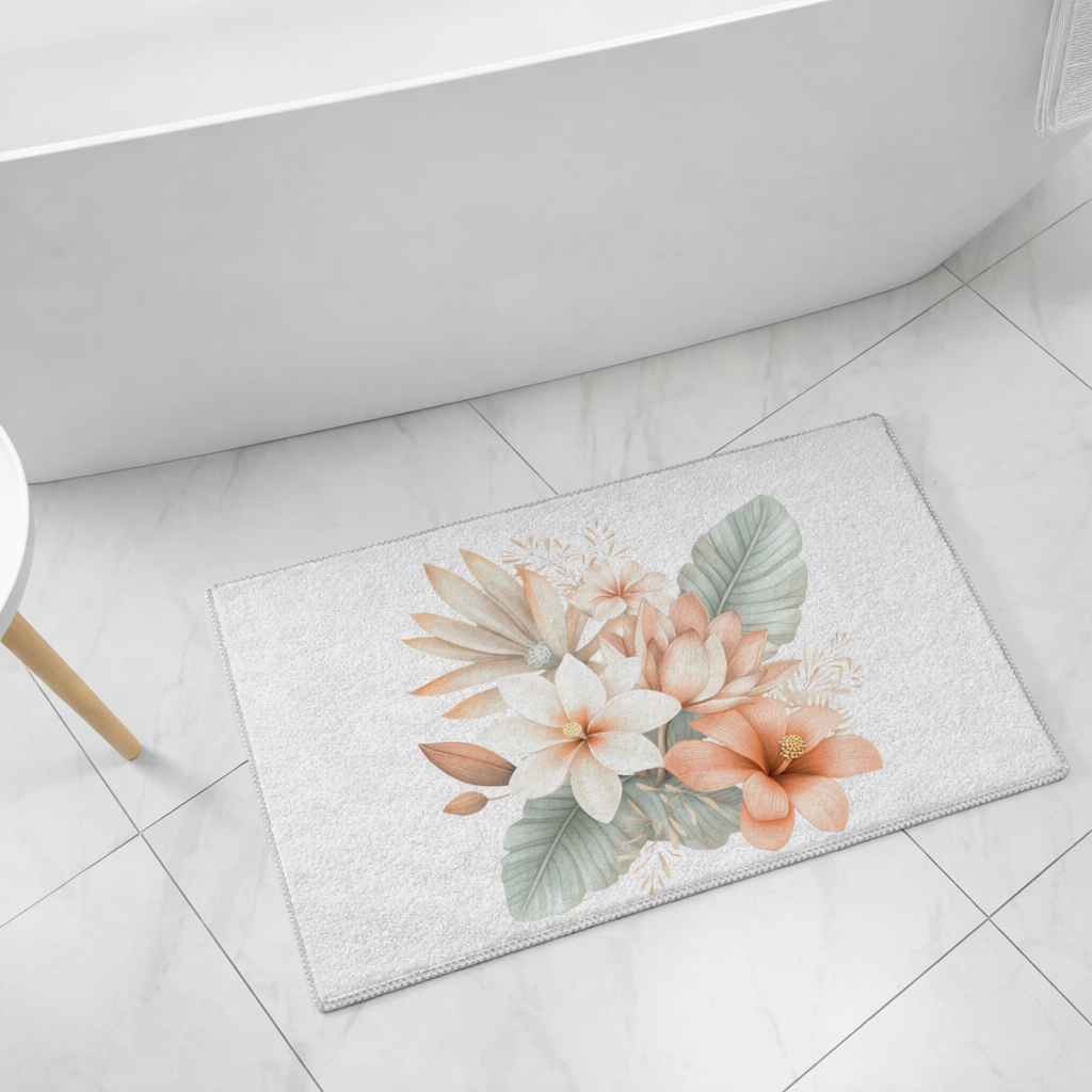Soft Peach Tropical Floral Bouquet Bath Mat