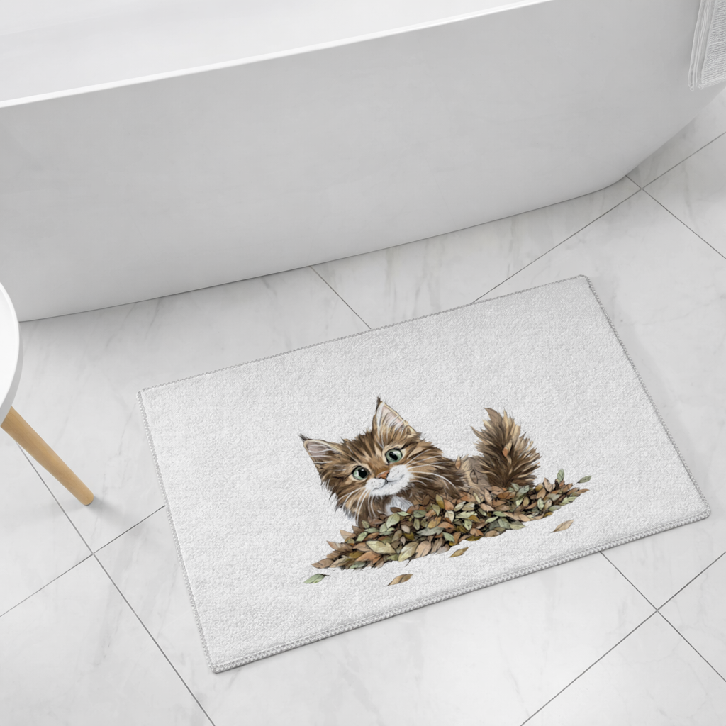 Cute Fluffy Kitten in Autumn Leaves Bath Mat