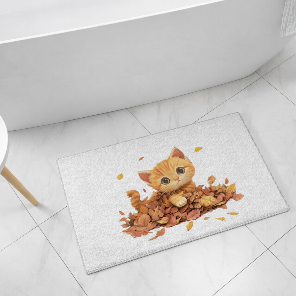 Ginger Kitten in Autumn Leaves Bath Mat
