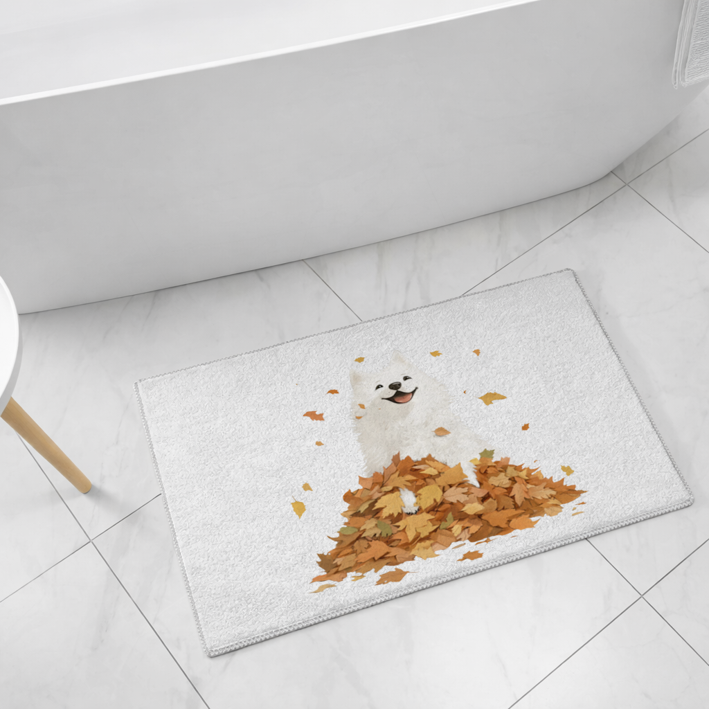Happy White Dog in Autumn Leaves Bath Mat