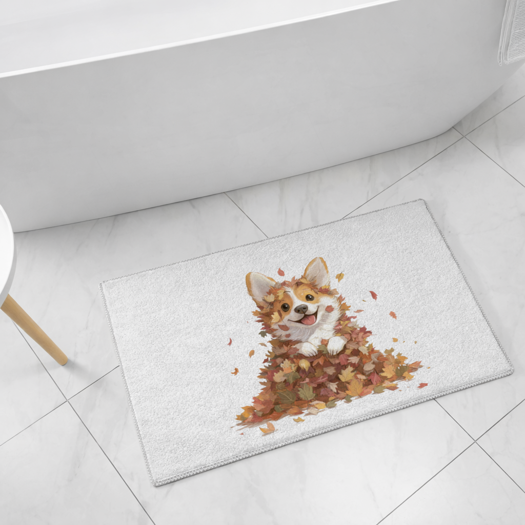 Happy Corgi Puppy in Fall Leaves Bath Mat