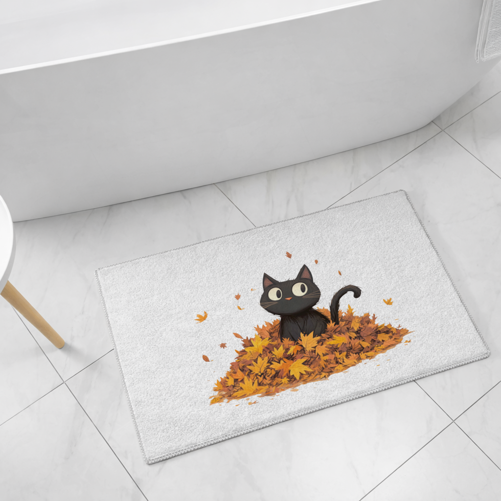 Cute Black Cat in Autumn Leaves Bath Mat