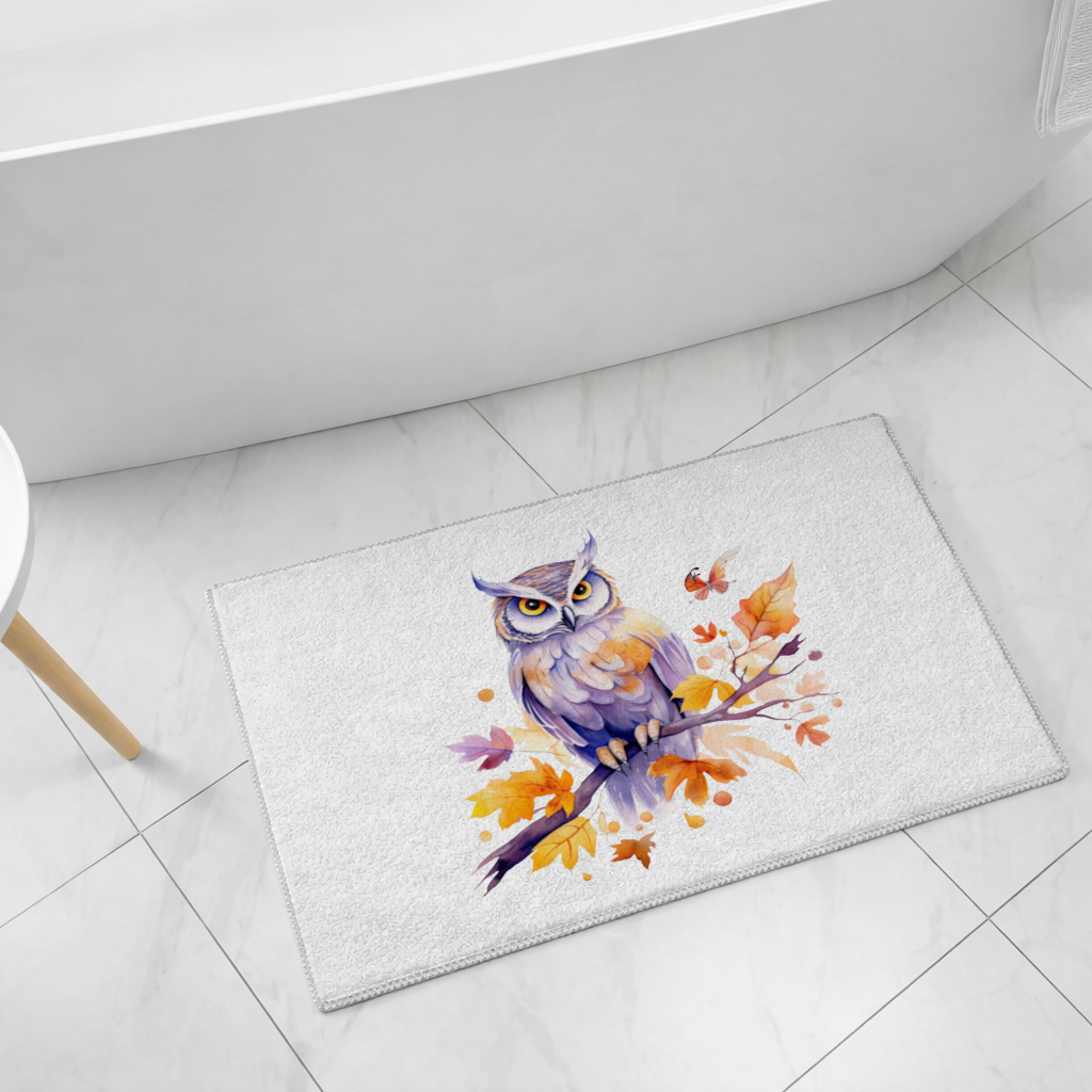 Suluboya Sonbahar Baykuşu ve Kelebek Banyo Halısı