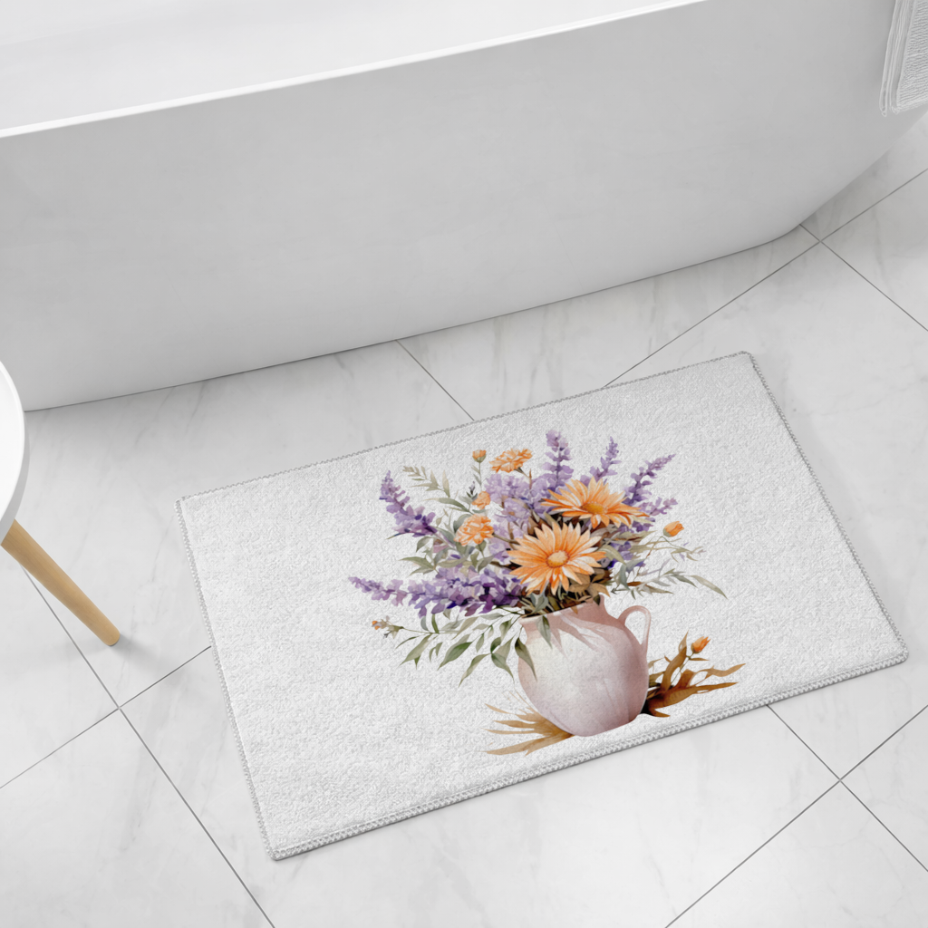 Turuncu Kır Çiçekleri ve Lavanta Banyo Halısı