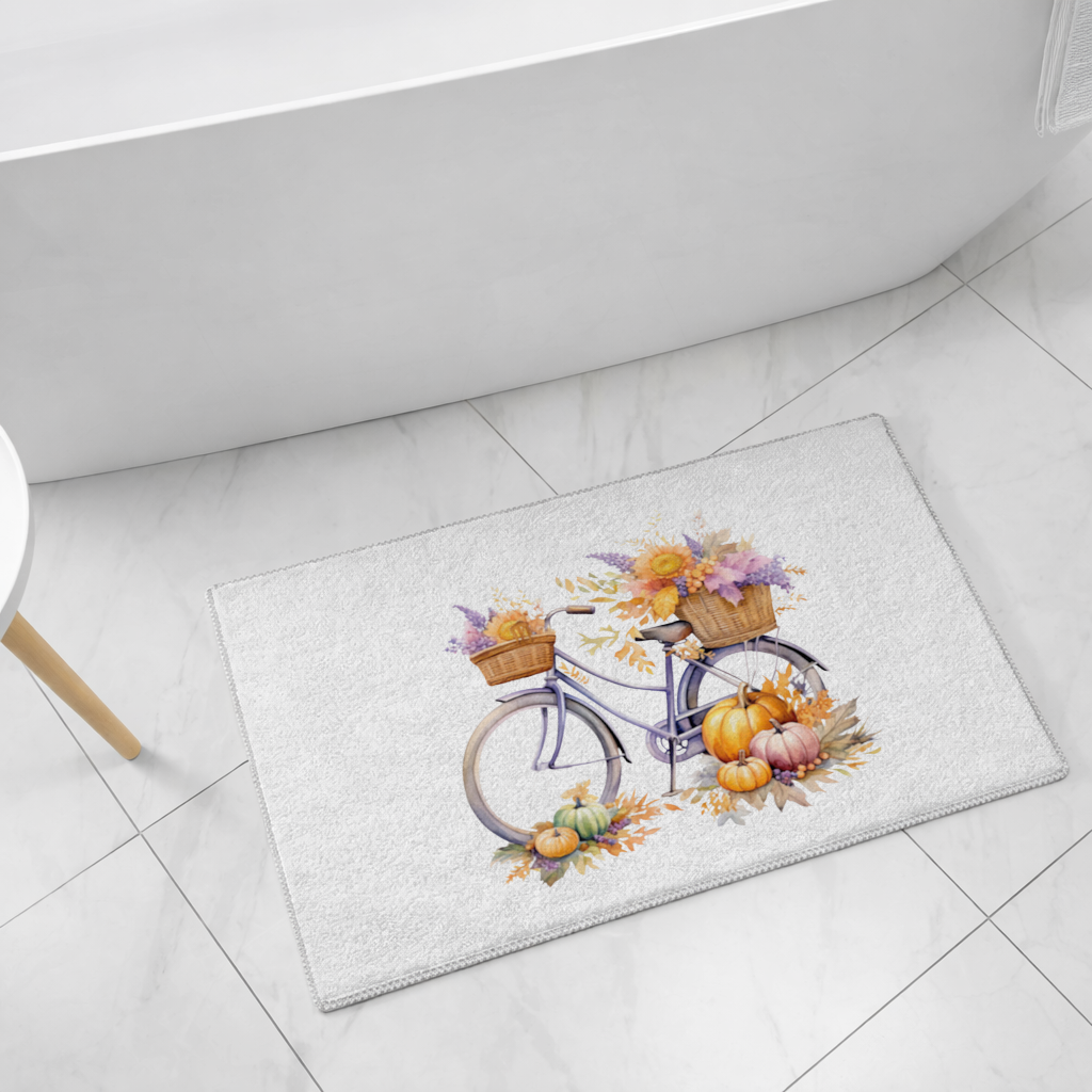 Lavender Autumn Bicycle with Pumpkins Bath Mat