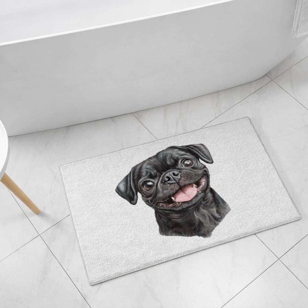 Happy Black Pug Face Bath Mat