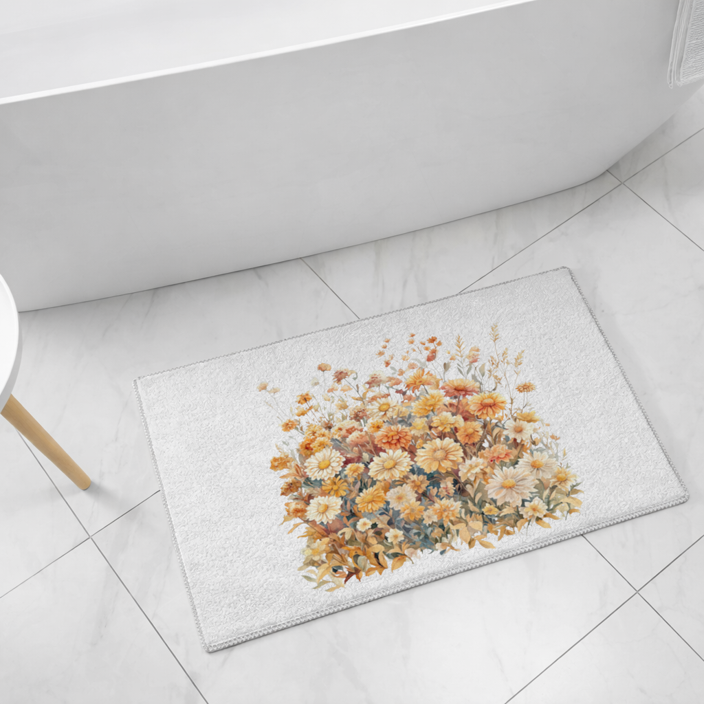 Watercolor Orange Wildflowers Bath Mat