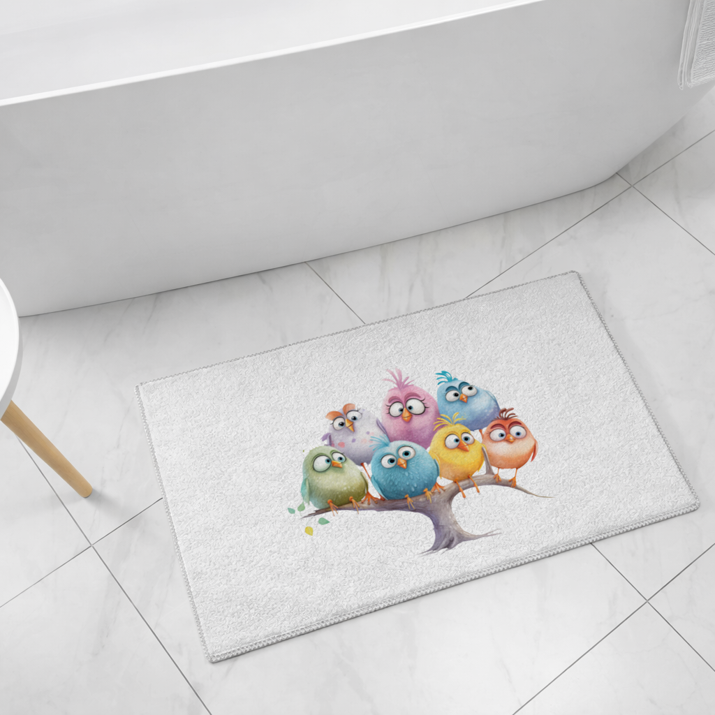 Whimsical Colorful Birds on Branch Bath Mat