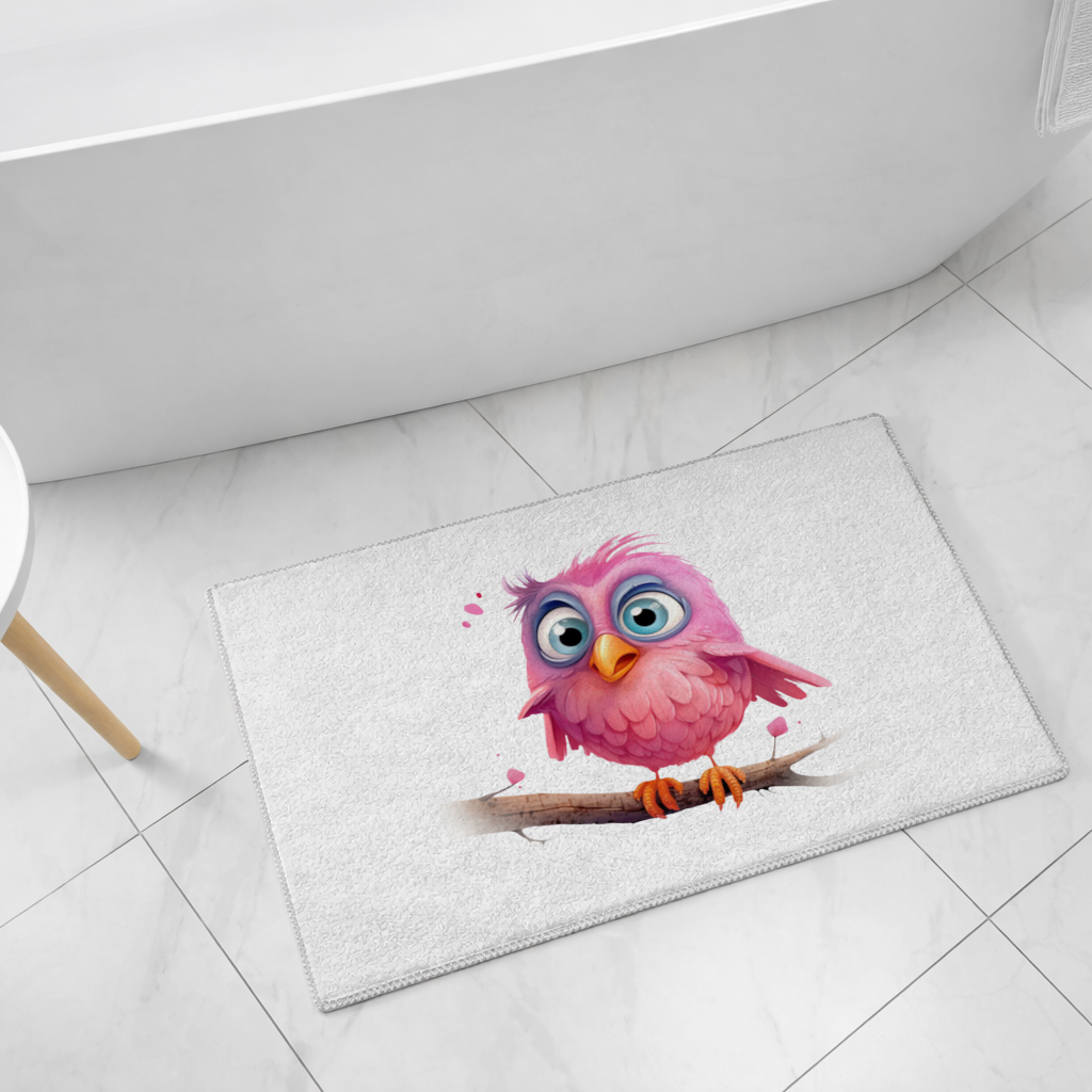 Cute Pink Bird with Large Blue Eyes Bath Mat