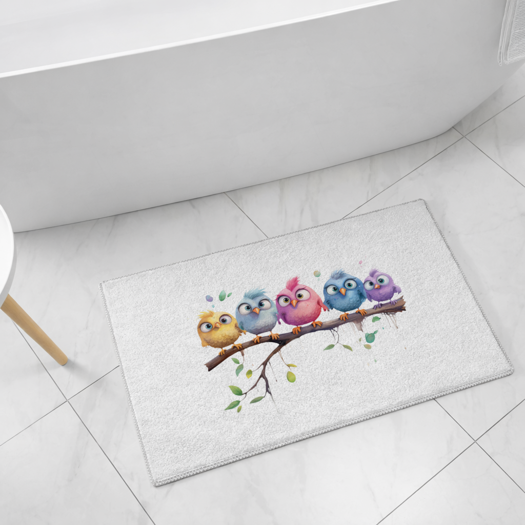 Daldaki Beş Renkli Kawaii Kuş Banyo Halısı