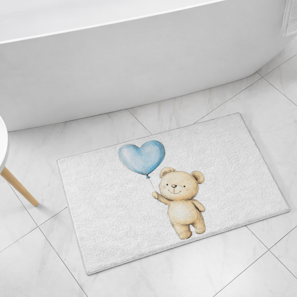 Cute Teddy Bear with Blue Heart Balloon Bath Mat
