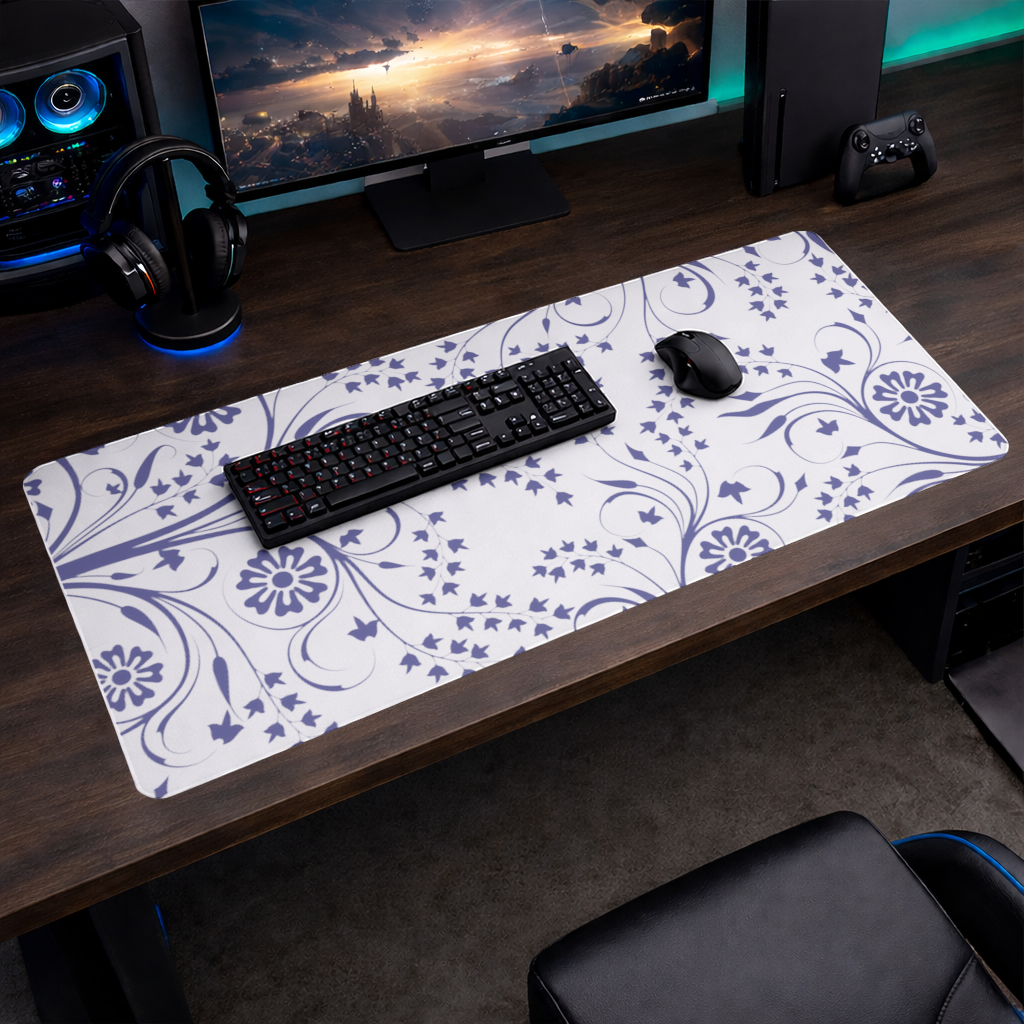Blue White Vintage Floral Pattern Mouse Pad