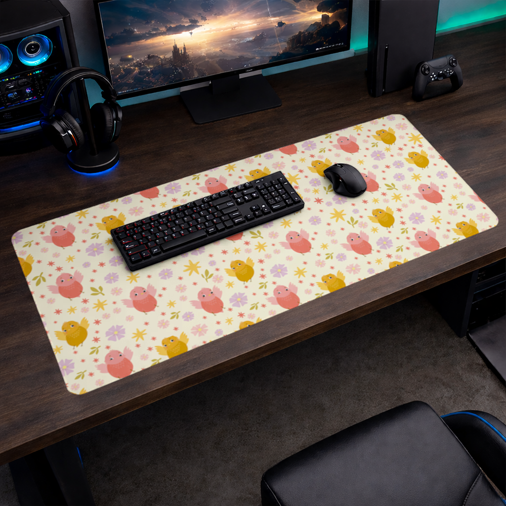 Cute Birds and Floral Pastel Spring Pattern Illustration Mouse Pad