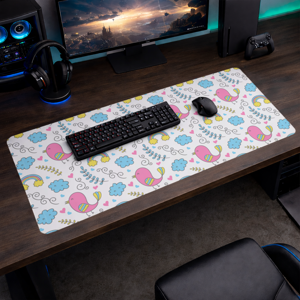 Sevimli Pembe Kuşlu ve Gökkuşaklı Çocuk Deseni Mouse Pad