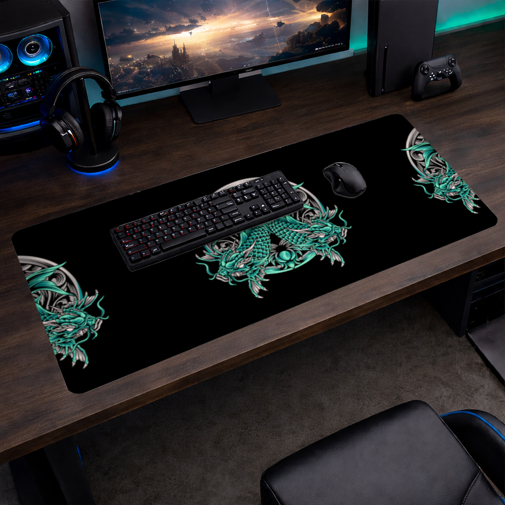 Turquoise Twin Dragon Emblem Design Mouse Pad