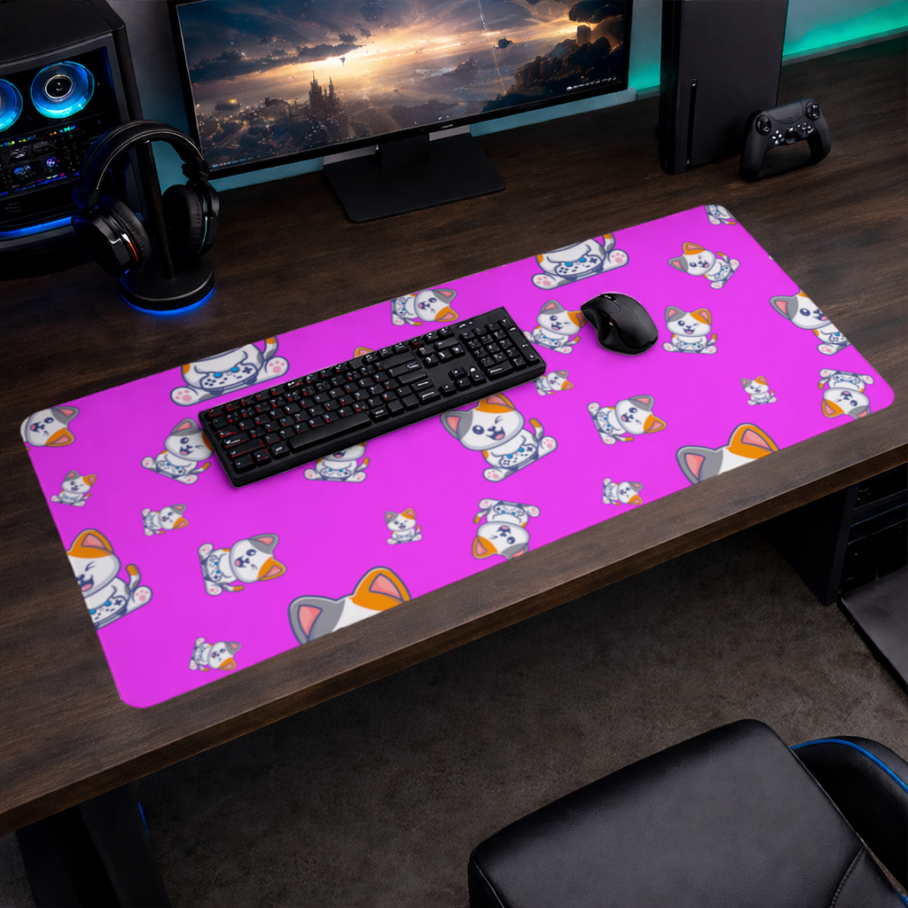 Cute Cartoon Cat Pattern on Pink Background Mouse Pad