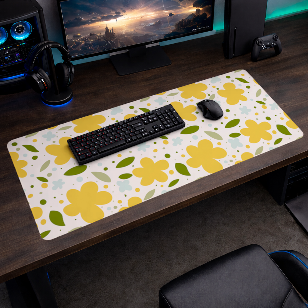 Yellow Floral and Leaf Boho Seamless Pattern Mouse Pad