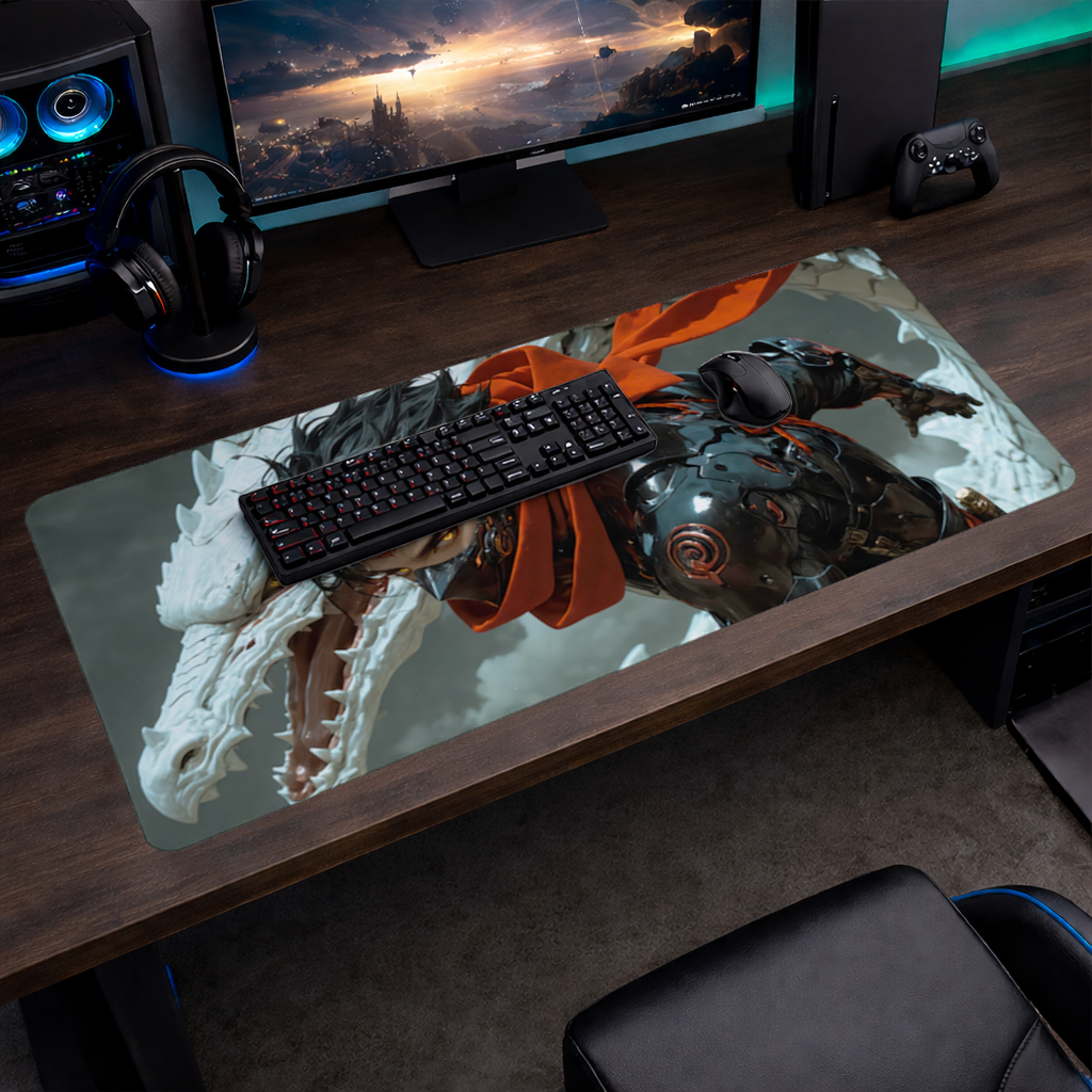 Kırmızı Pelerinli Karanlık Anime Savaşçısı ve Ejderha Mouse Pad