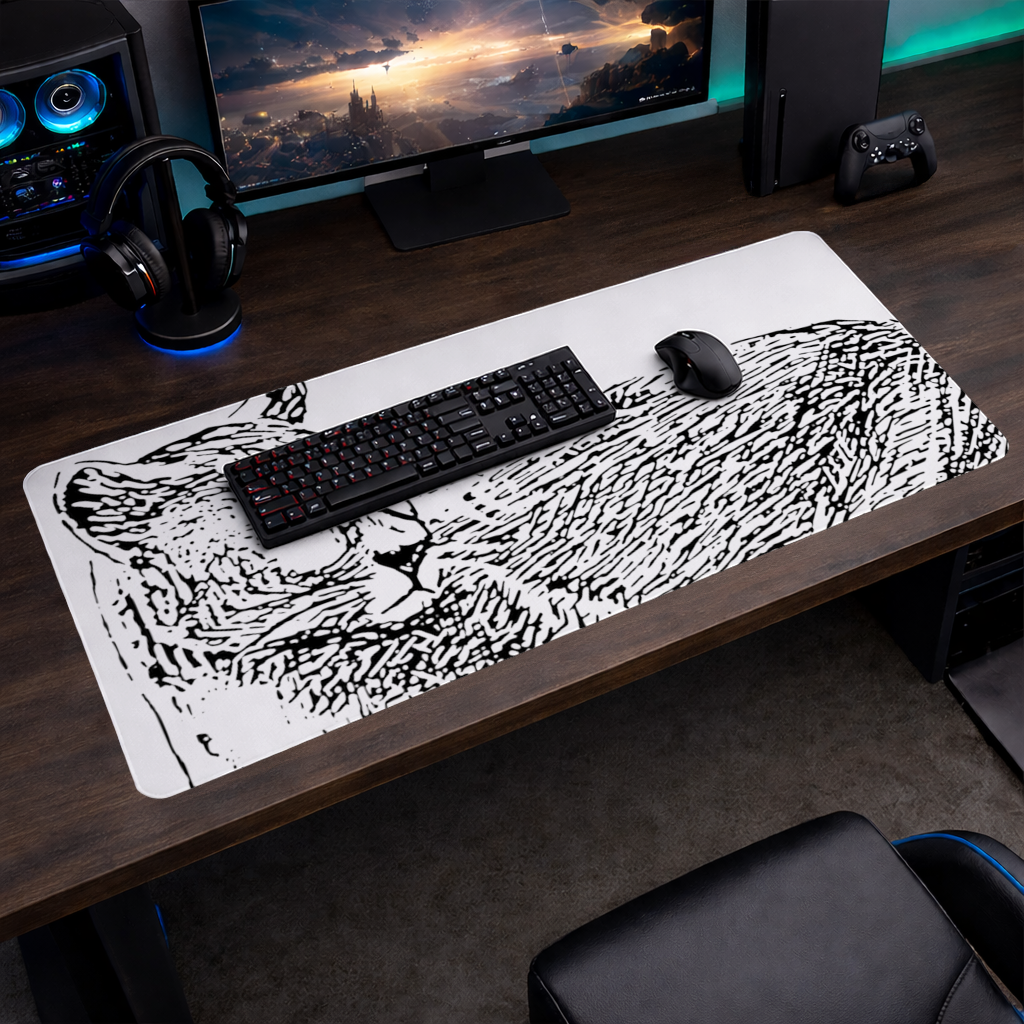 Black and White Wild Cat Sketch Illustration Mouse Pad