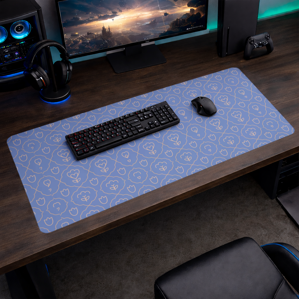 Orange Linear Floral Pattern on Blue Mouse Pad