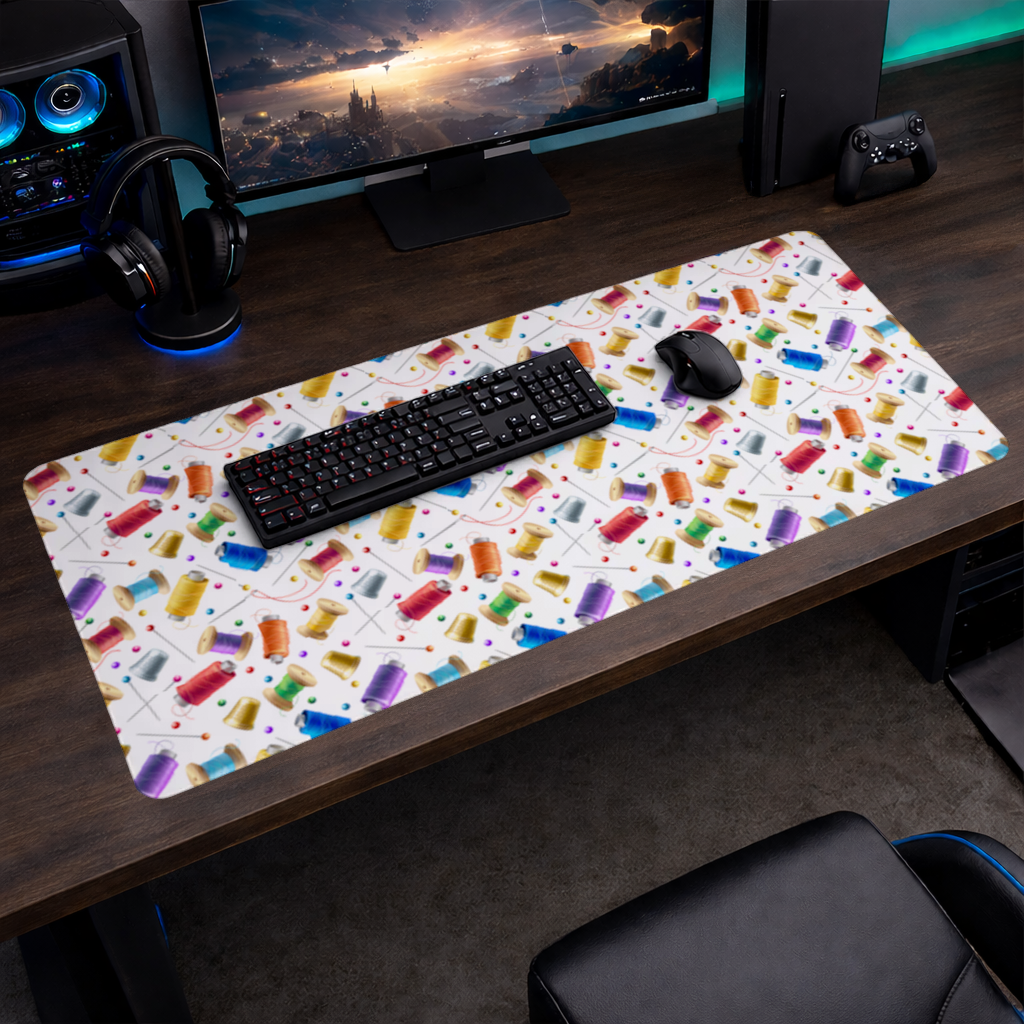 Colorful Thread Spools and Sewing Tools Pattern Mouse Pad