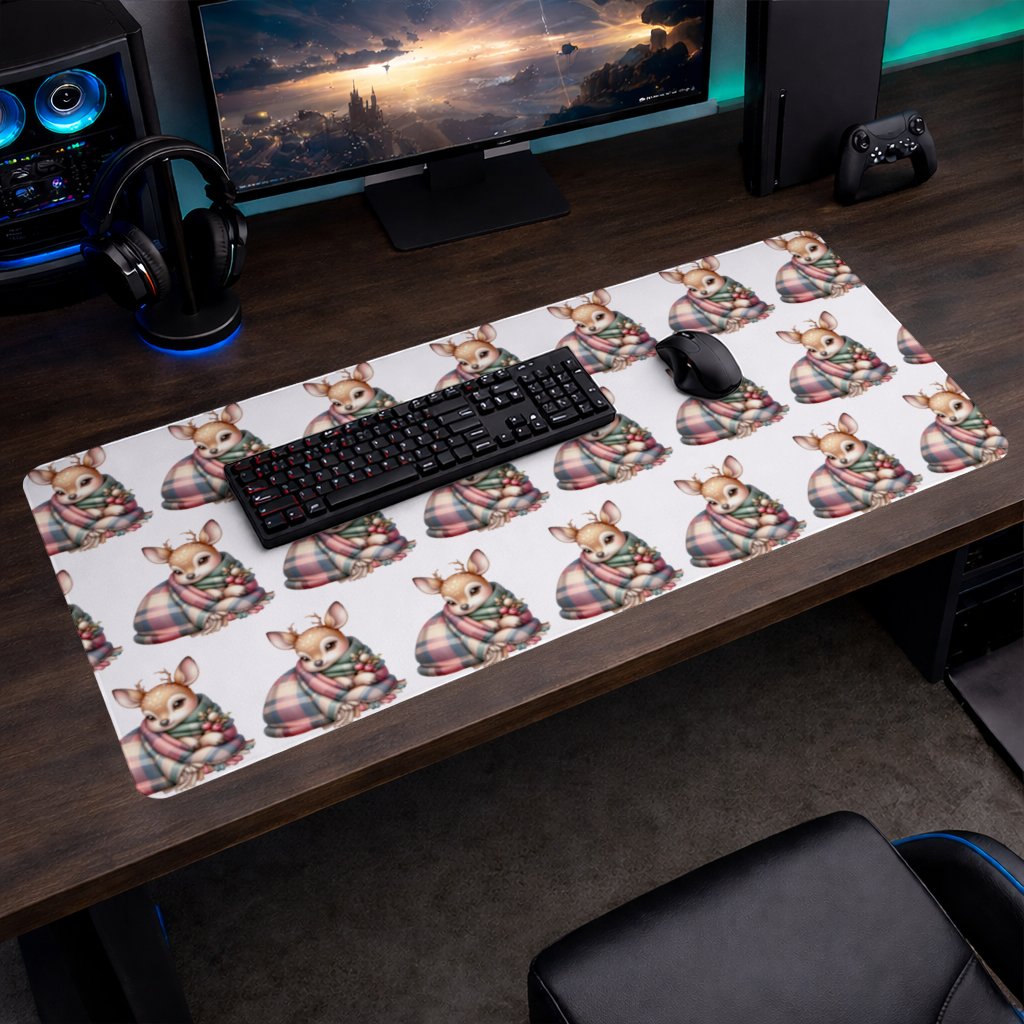Kawaii Baby Deer with Plaid Scarf Mouse Pad
