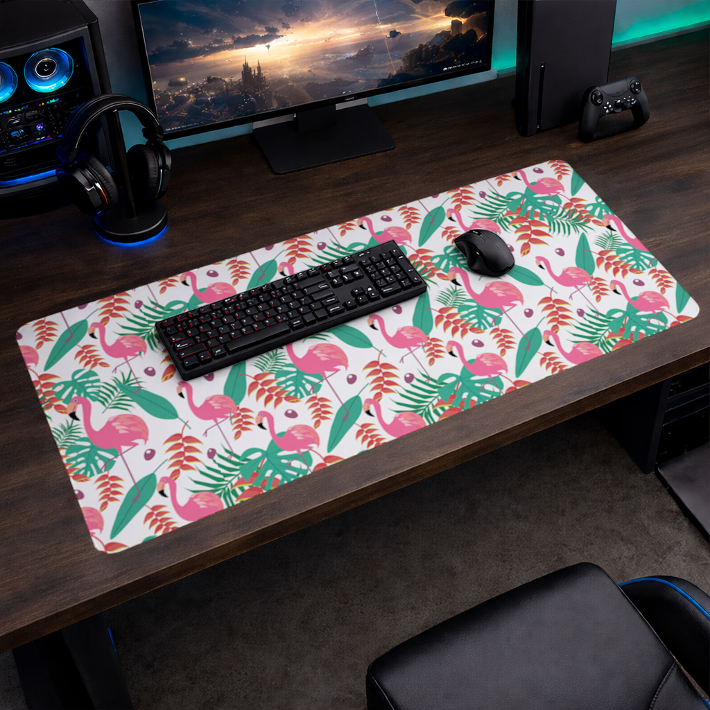 Pembe Flamingo Tropikal Yapraklar Mouse Pad