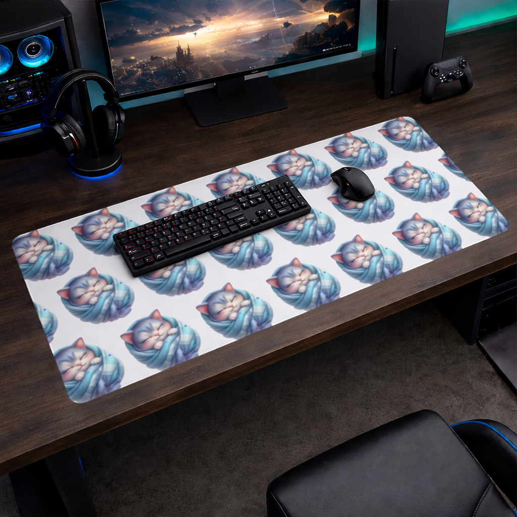 Kawaii Sleeping Kitten in Blue Swaddle Mouse Pad