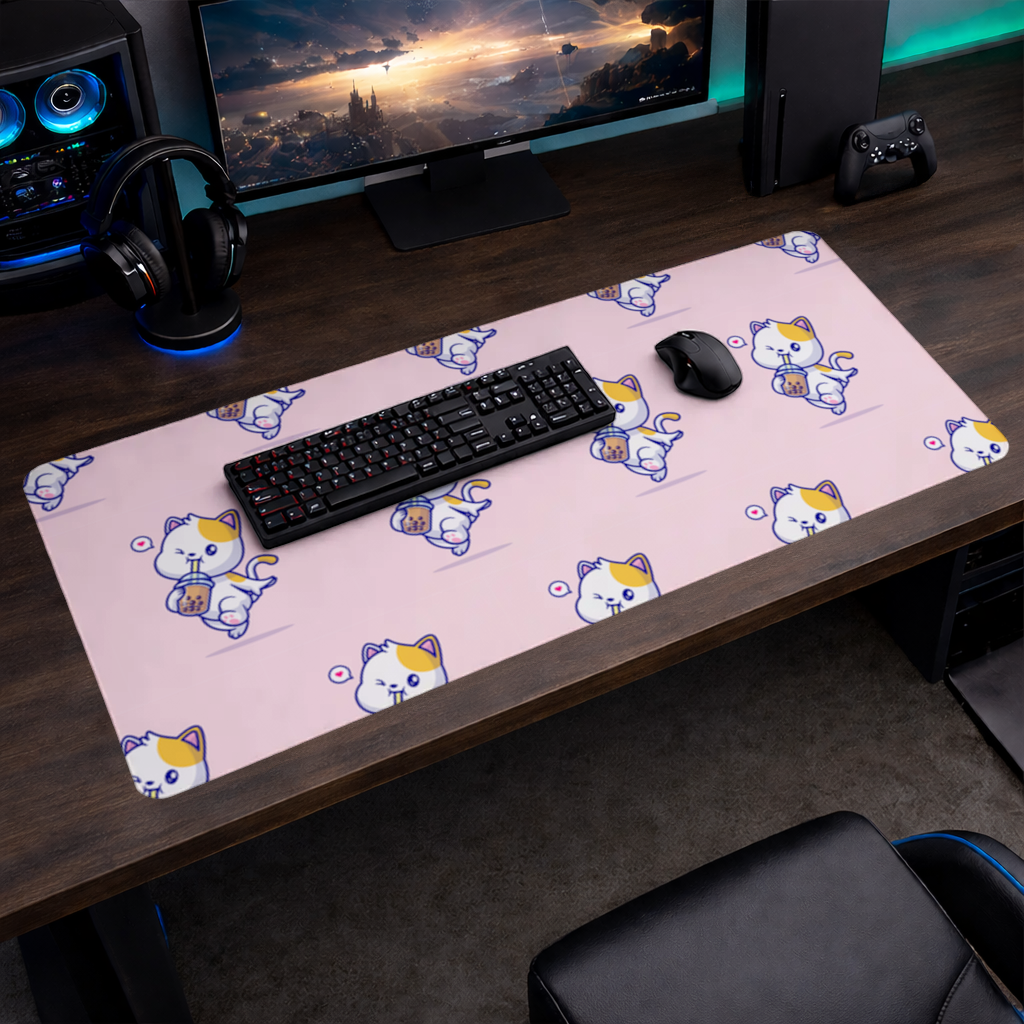 Kawaii Cat Drinking Boba Tea Mouse Pad