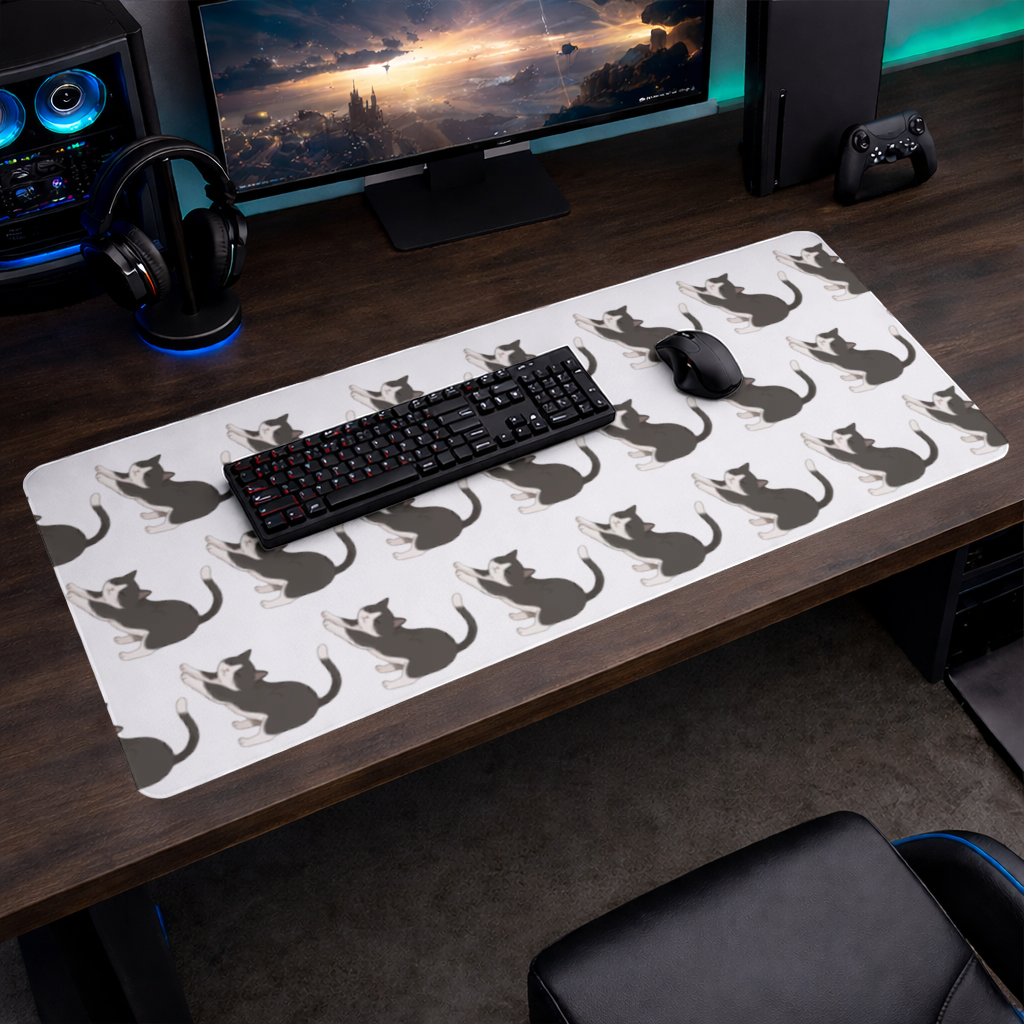 Stretching Tuxedo Cat Mouse Pad