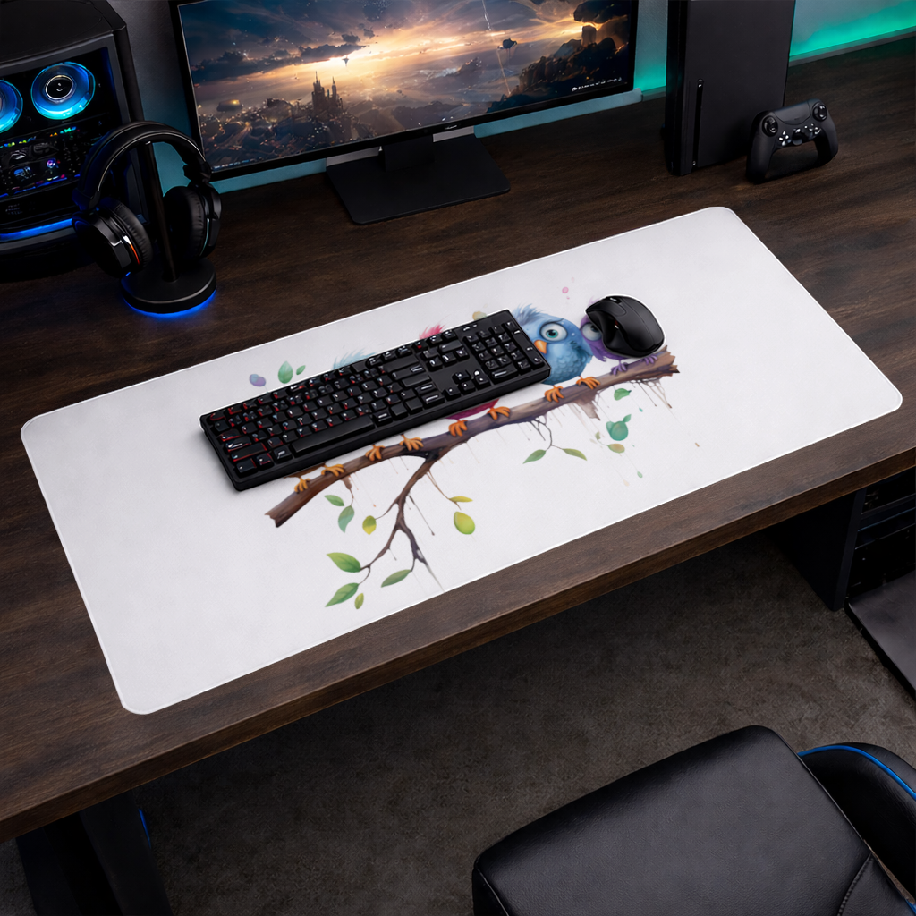 Five Colorful Kawaii Birds on Branch Mouse Pad