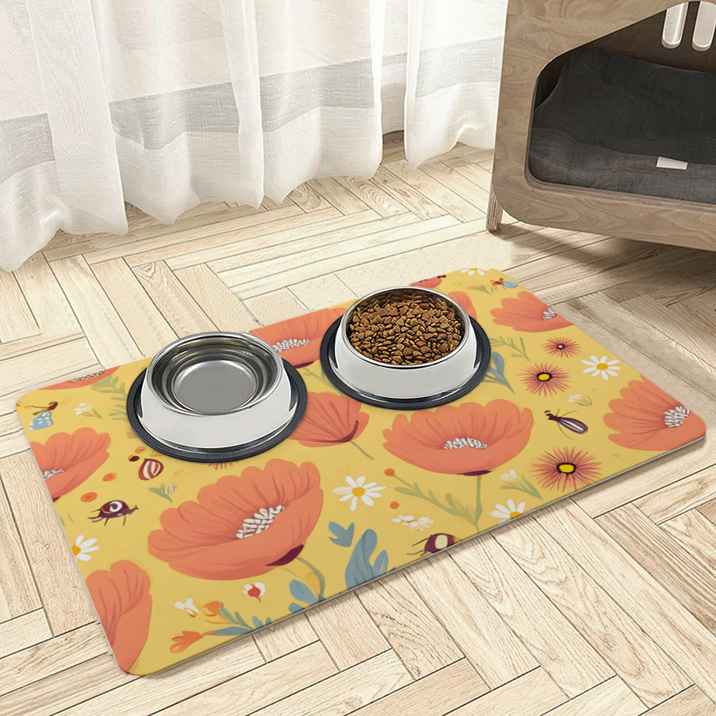 Floral Insect Pattern Colorful Design Pet Feeding Mat