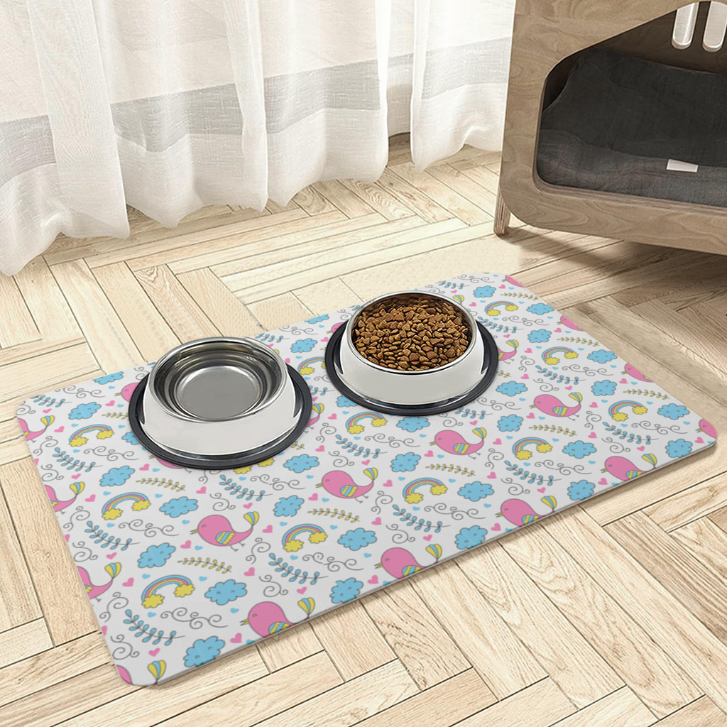 Cute Pink Bird and Rainbow Kids Pattern Pet Feeding Mat