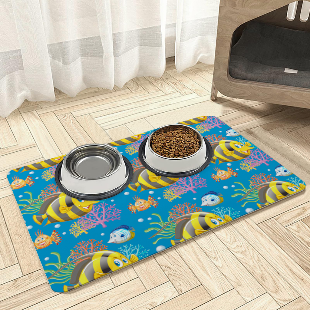 Colorful Tropical Fish and Coral Reef Pattern Pet Feeding Mat