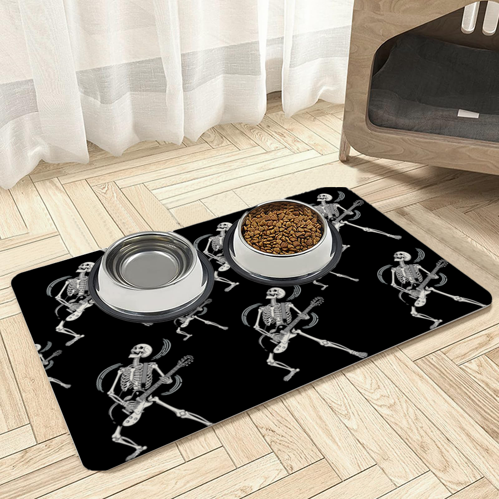 Rock Guitar Playing Skeleton Pattern on Black Pet Feeding Mat