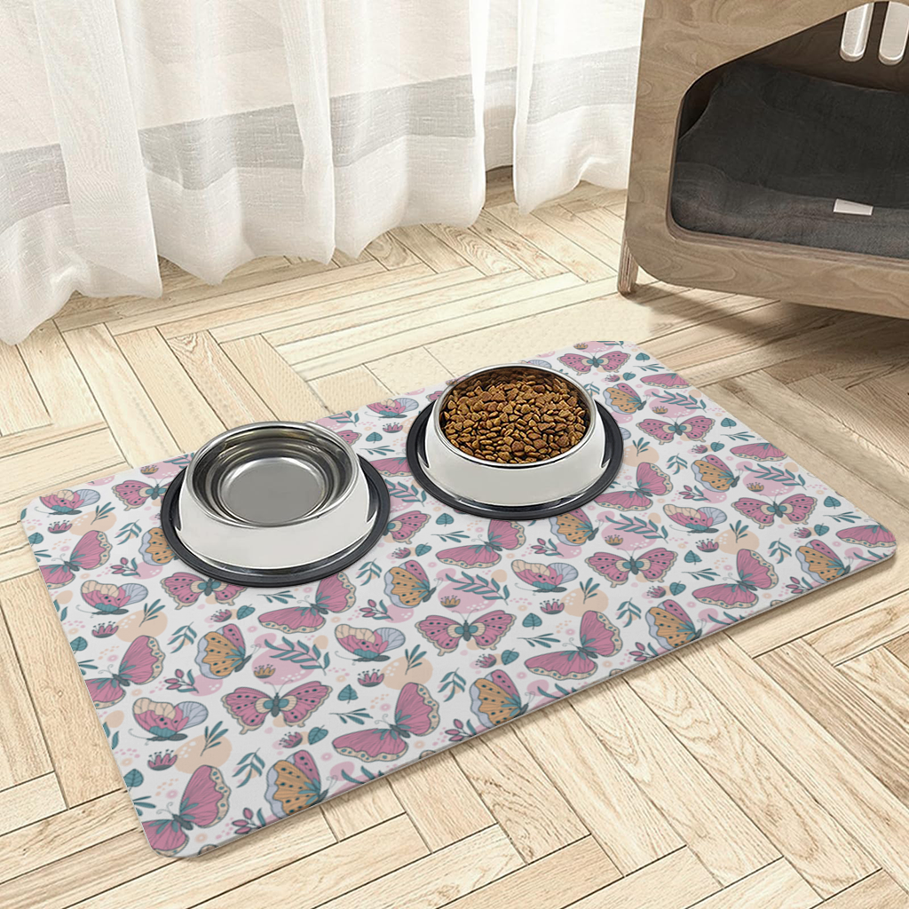 Pastel Butterflies and Botanical Leaves Seamless Pattern Pet Feeding Mat