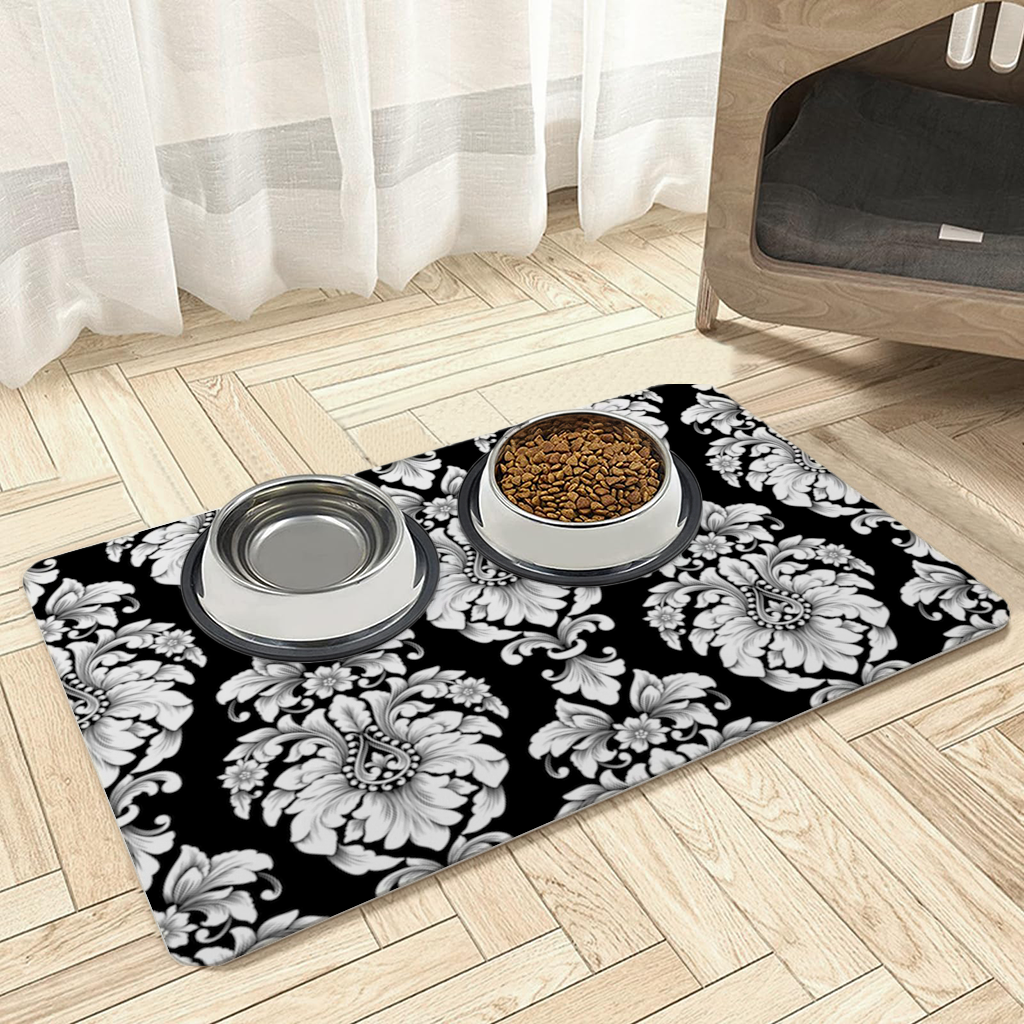 Black and White Baroque Floral Pattern Pet Feeding Mat