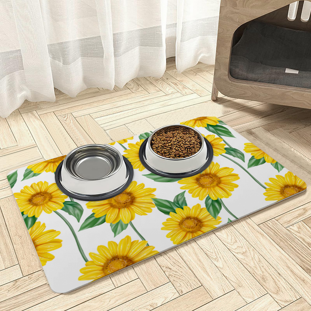 Vibrant Yellow Sunflower and Green Leaf Pattern Illustration Pet Feeding Mat
