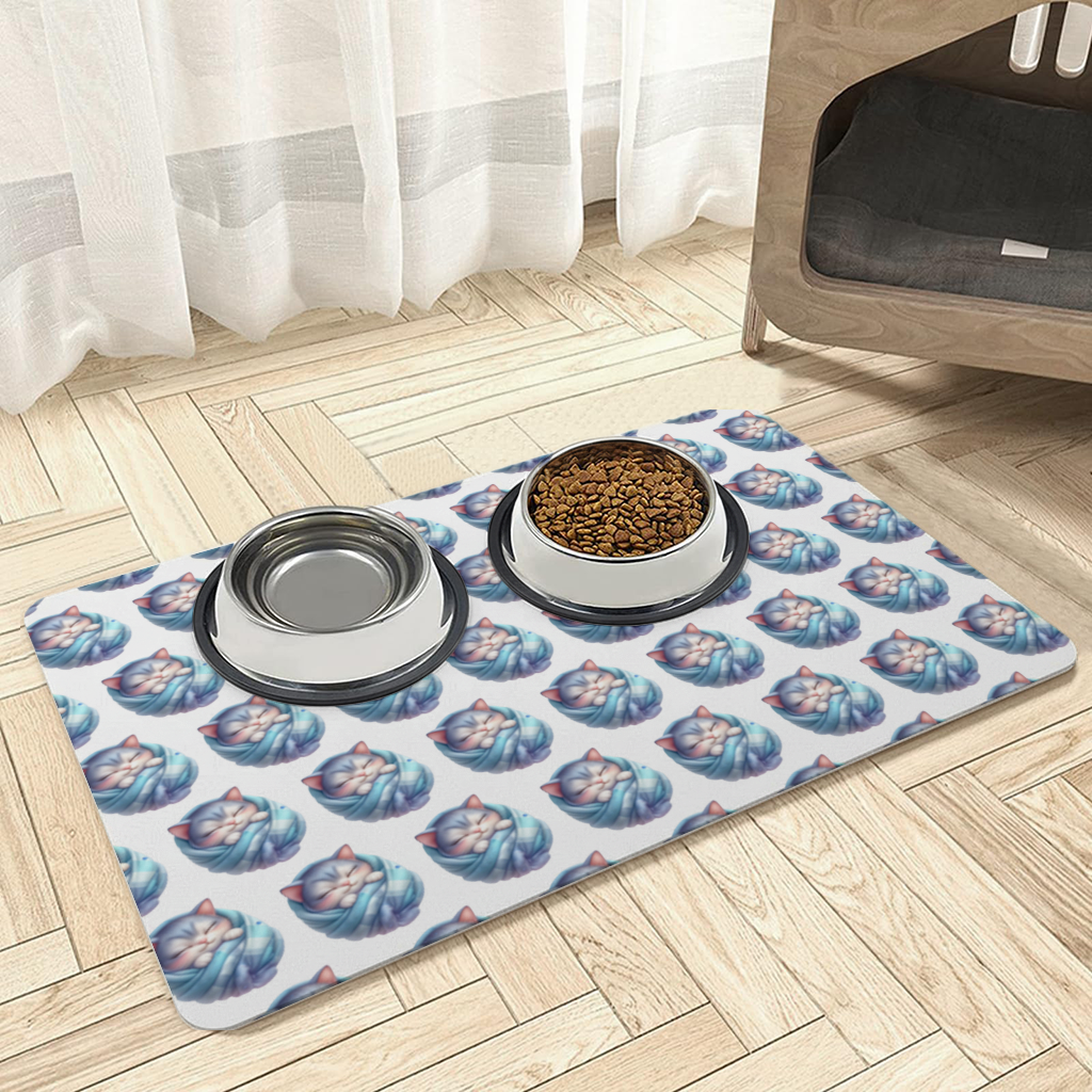 Kawaii Sleeping Kitten in Blue Swaddle Pet Feeding Mat