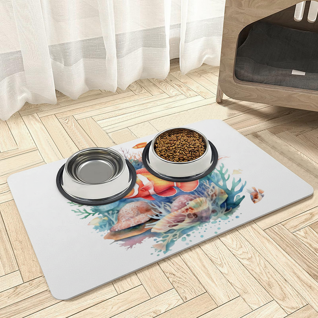 Watercolor Clownfish and Tropical Coral Reef Pet Feeding Mat
