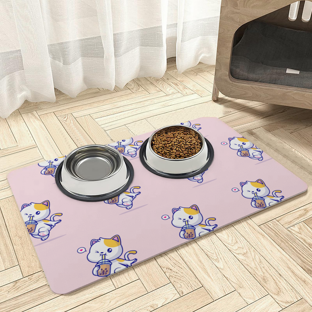 Kawaii Cat Drinking Boba Tea Pet Feeding Mat