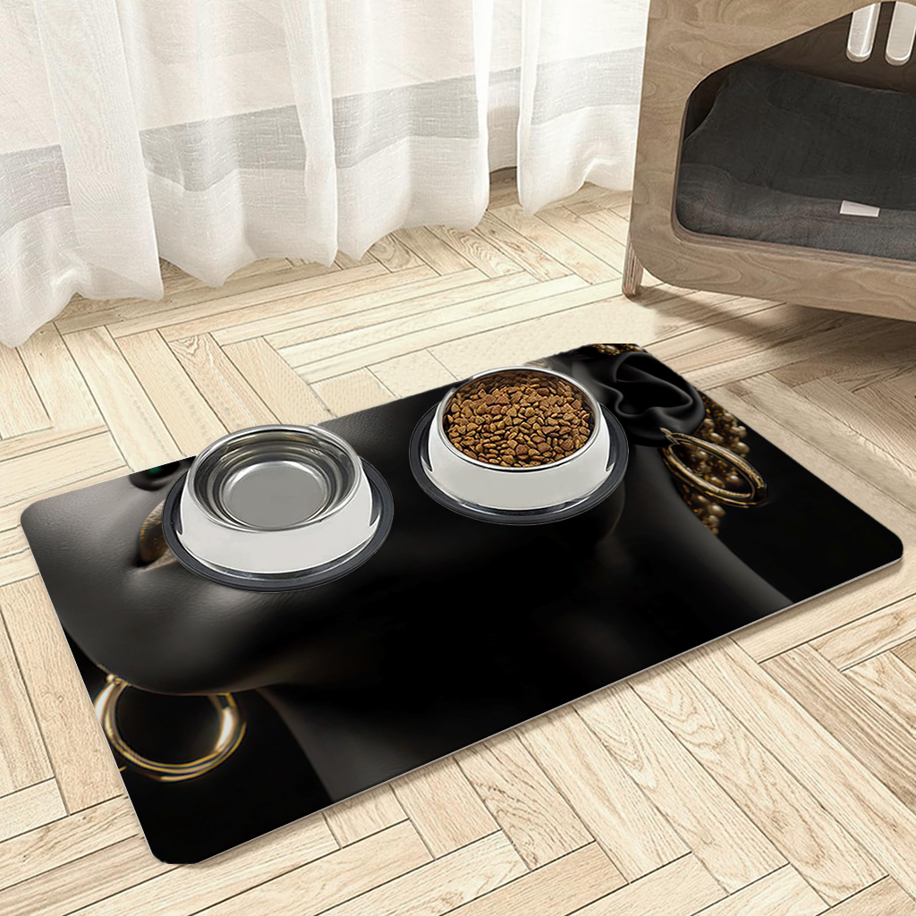 Gold Afrofuturistic Black Woman Pet Feeding Mat