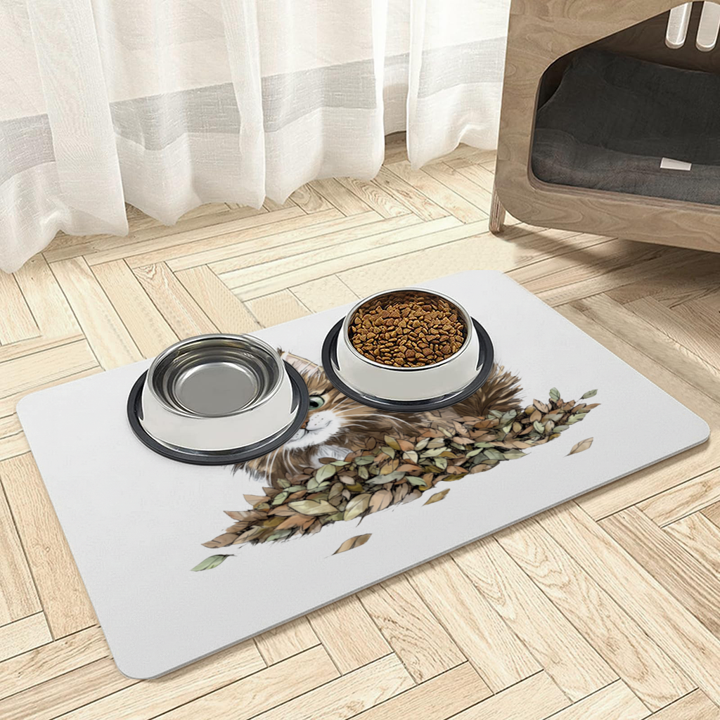 Cute Fluffy Kitten in Autumn Leaves Pet Feeding Mat