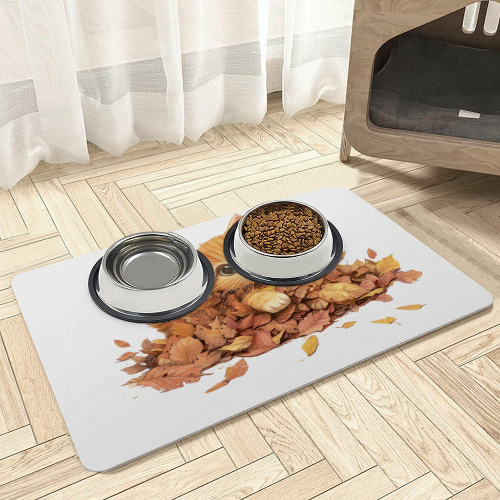 Ginger Kitten in Autumn Leaves Pet Feeding Mat